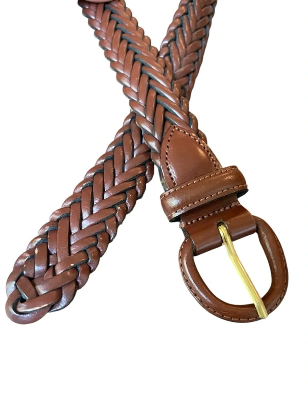 Braided Leather Belt Covered Buckle Cognac Brown Sz 40 Classic Boho Adjustable